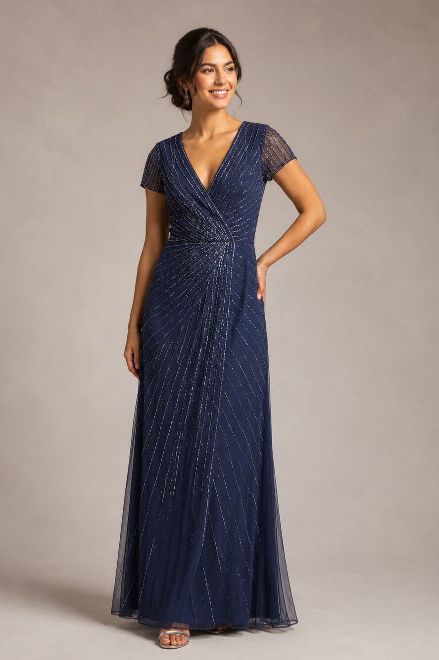 David's Bridal Beaded Short Sleeve V-Neck Dress Pleats SZ 8 NWT STYLE# WGINCL761